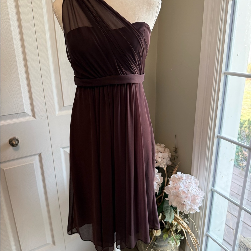 David's Bridal One-Shoulder Milk Chocolate Dress